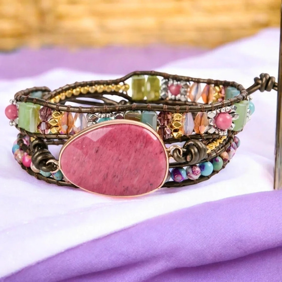 Triple Wrap Leather Bracelet Rhodonite Jasper Crystal Beads Boho Chic Jewelry - Picture 8 of 13